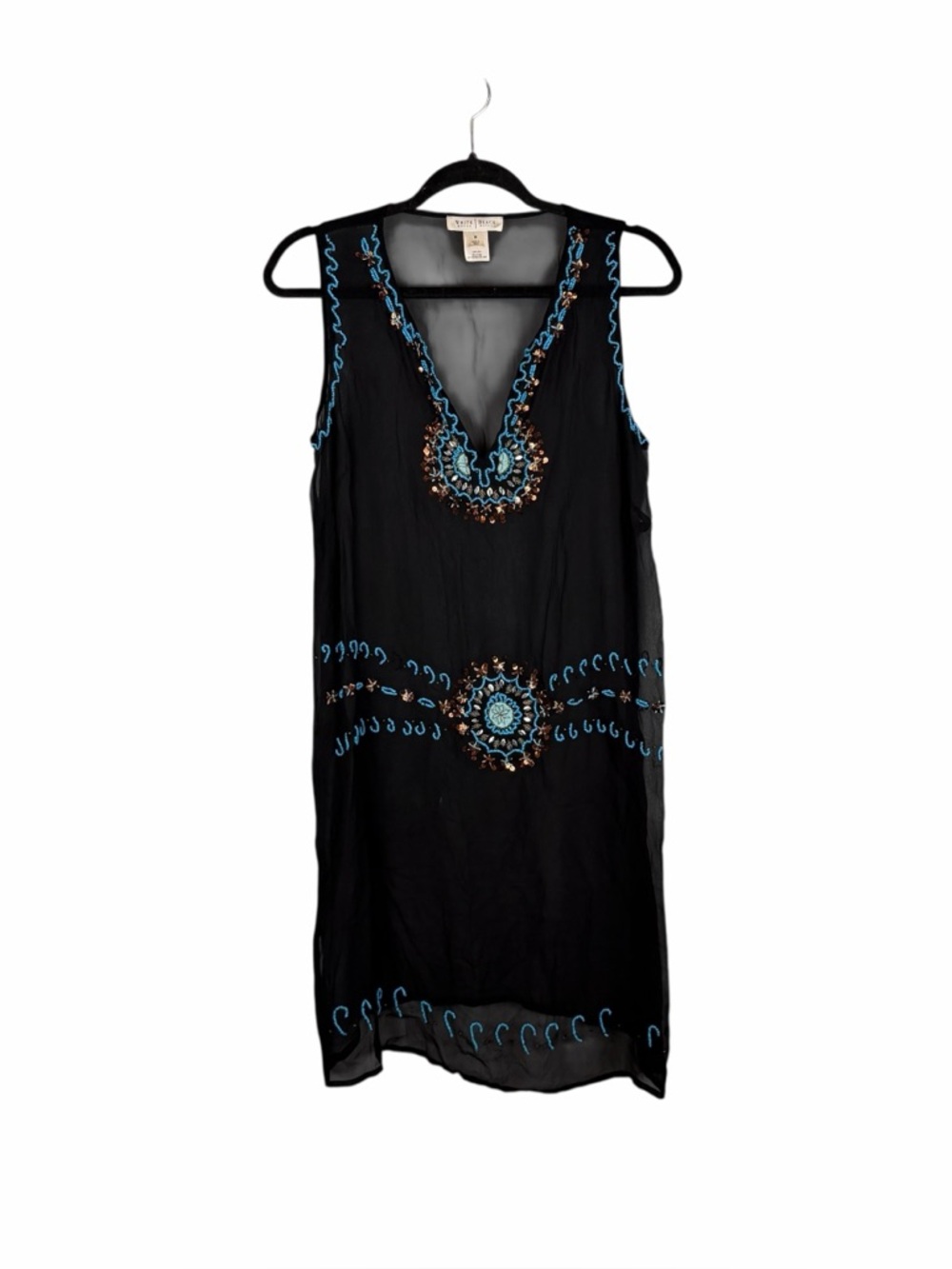 White House Black Market Black Silk Beaded Embroidered Tunic Dress Size M